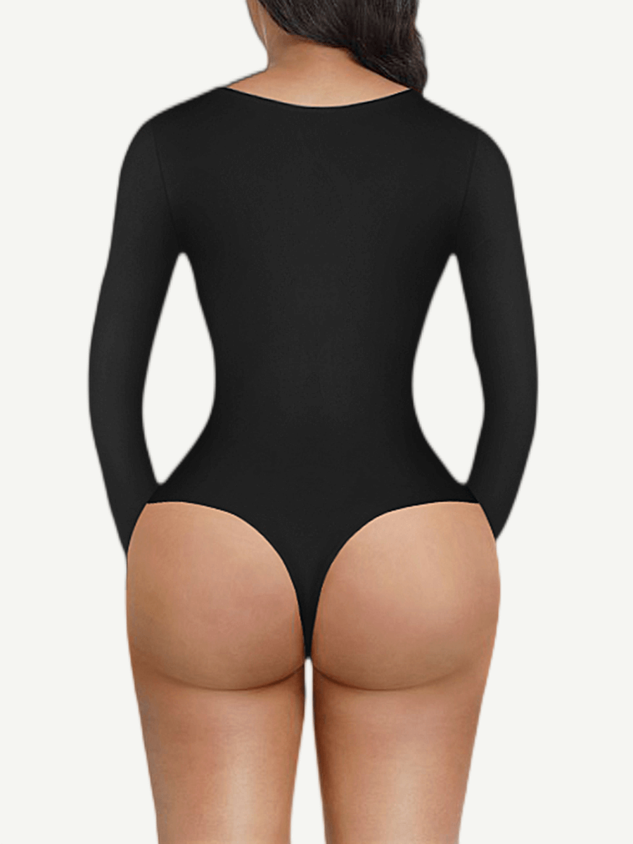 Body de tanga de manga larga con escote en V y cintura alisada