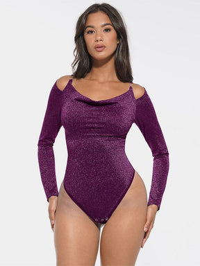 Body de tanga con cuello drapeado brillante Snatched con sujetador incorporado y refuerzo a presión