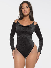 Body de tanga con cuello drapeado brillante Snatched con sujetador incorporado y refuerzo a presión