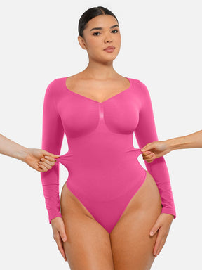 Body de tanga sin costuras de manga larga con soporte para el pecho y control medio