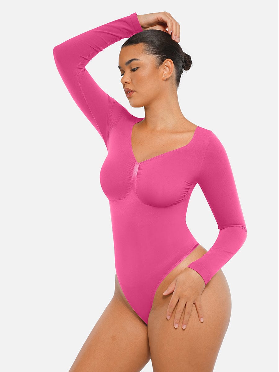 Body de tanga sin costuras de manga larga con soporte para el pecho y control medio