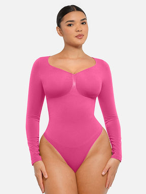 Body de tanga sin costuras de manga larga con soporte para el pecho y control medio