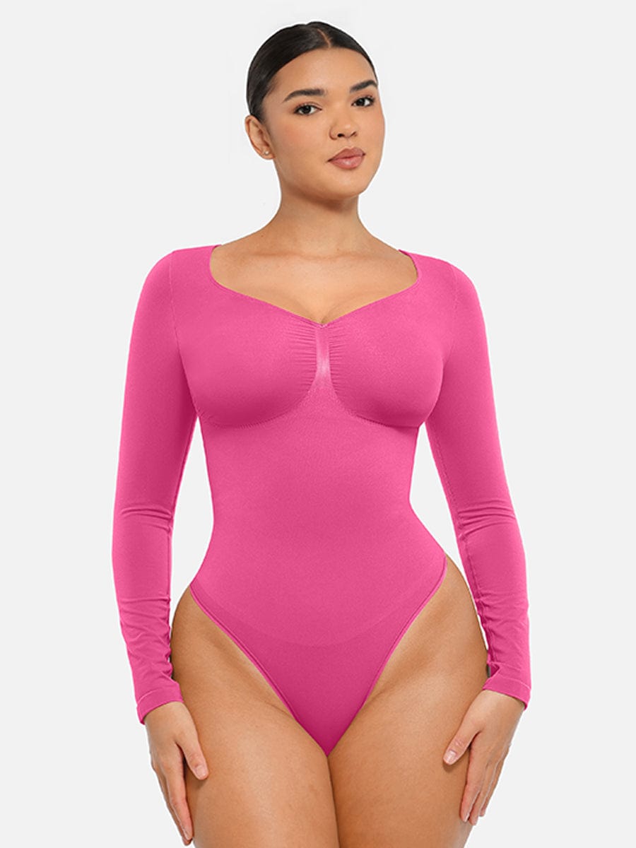 Body de tanga sin costuras de manga larga con soporte para el pecho y control medio