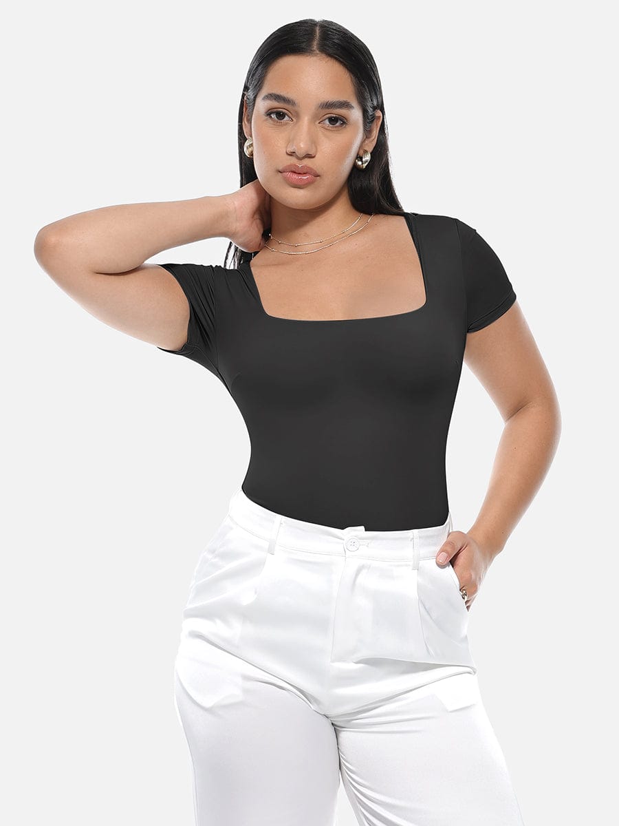 Body de manga corta con escote cuadrado y cintura alisada sin costuras Snatched