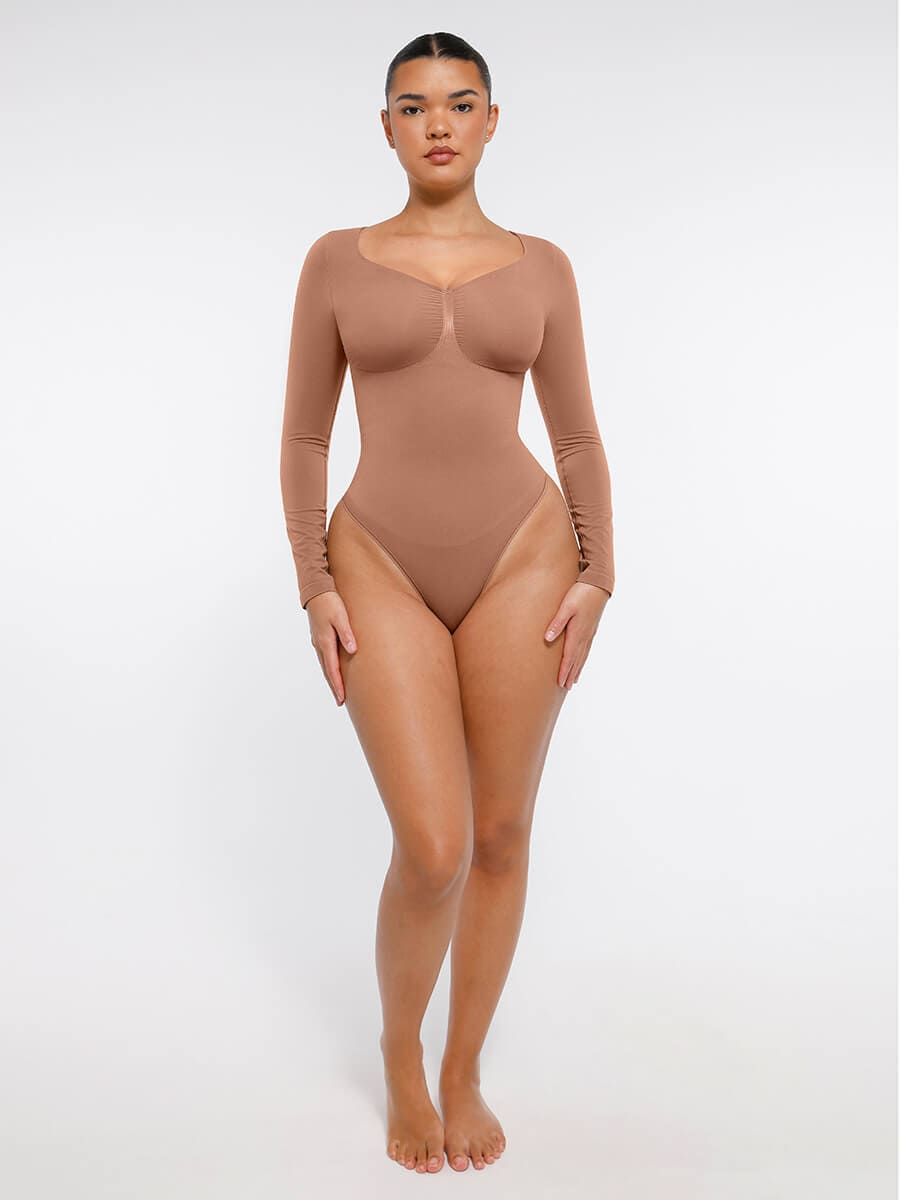 Body de tanga sin costuras de manga larga con soporte para el pecho y control medio