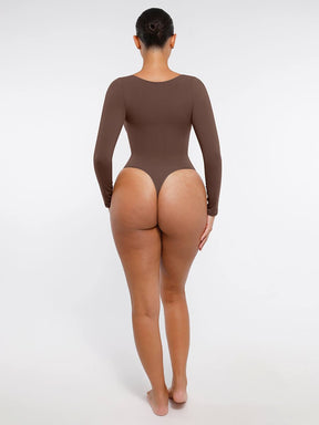 Body de tanga sin costuras de manga larga con soporte para el pecho y control medio