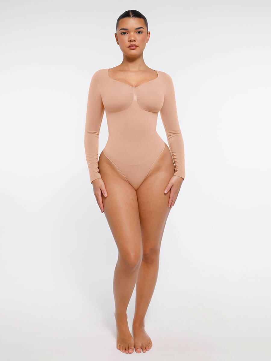 Body de tanga sin costuras de manga larga con soporte para el pecho y control medio