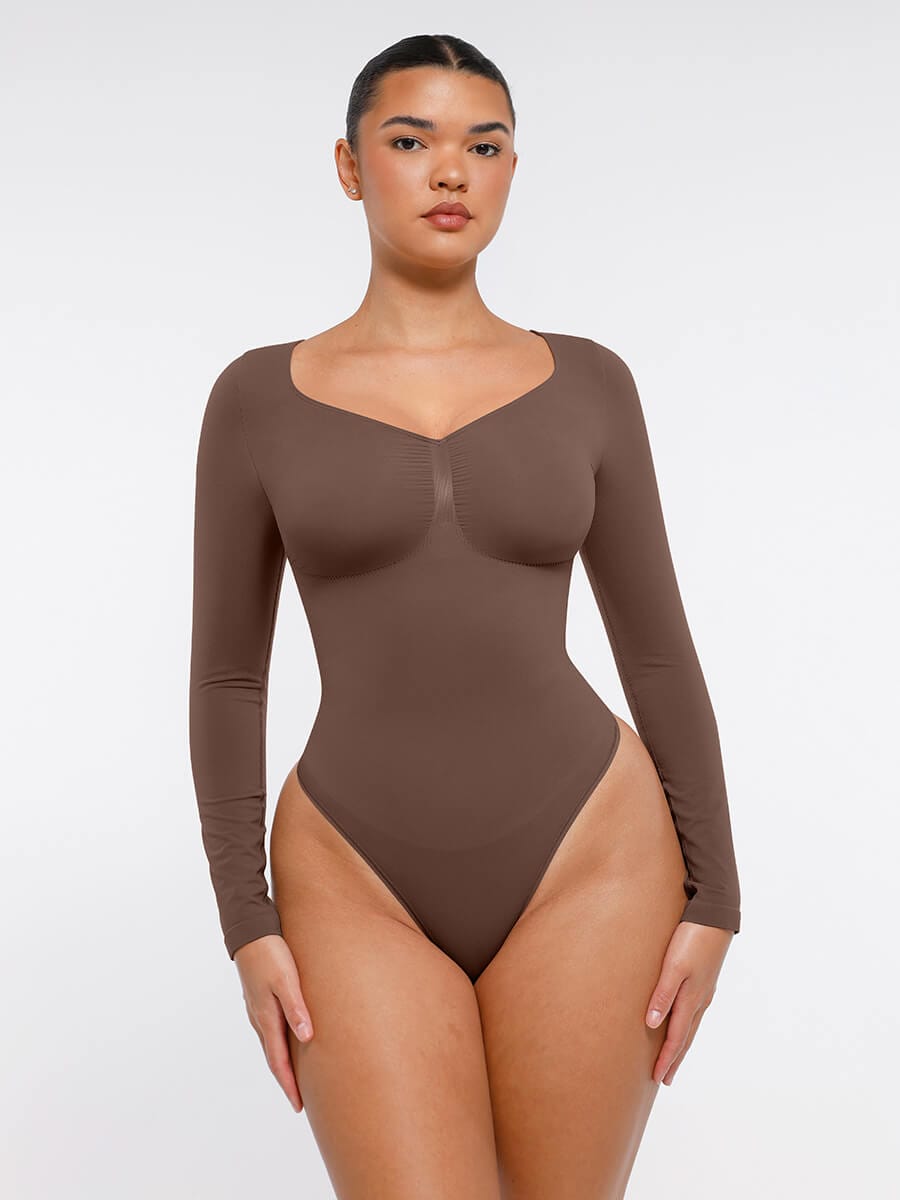 Body de tanga sin costuras de manga larga con soporte para el pecho y control medio