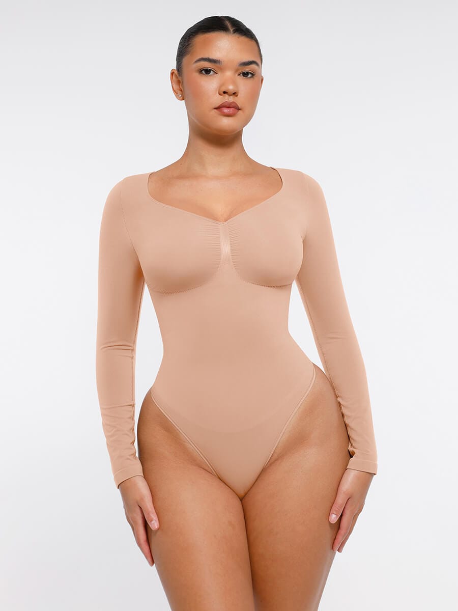 Body de tanga sin costuras de manga larga con soporte para el pecho y control medio