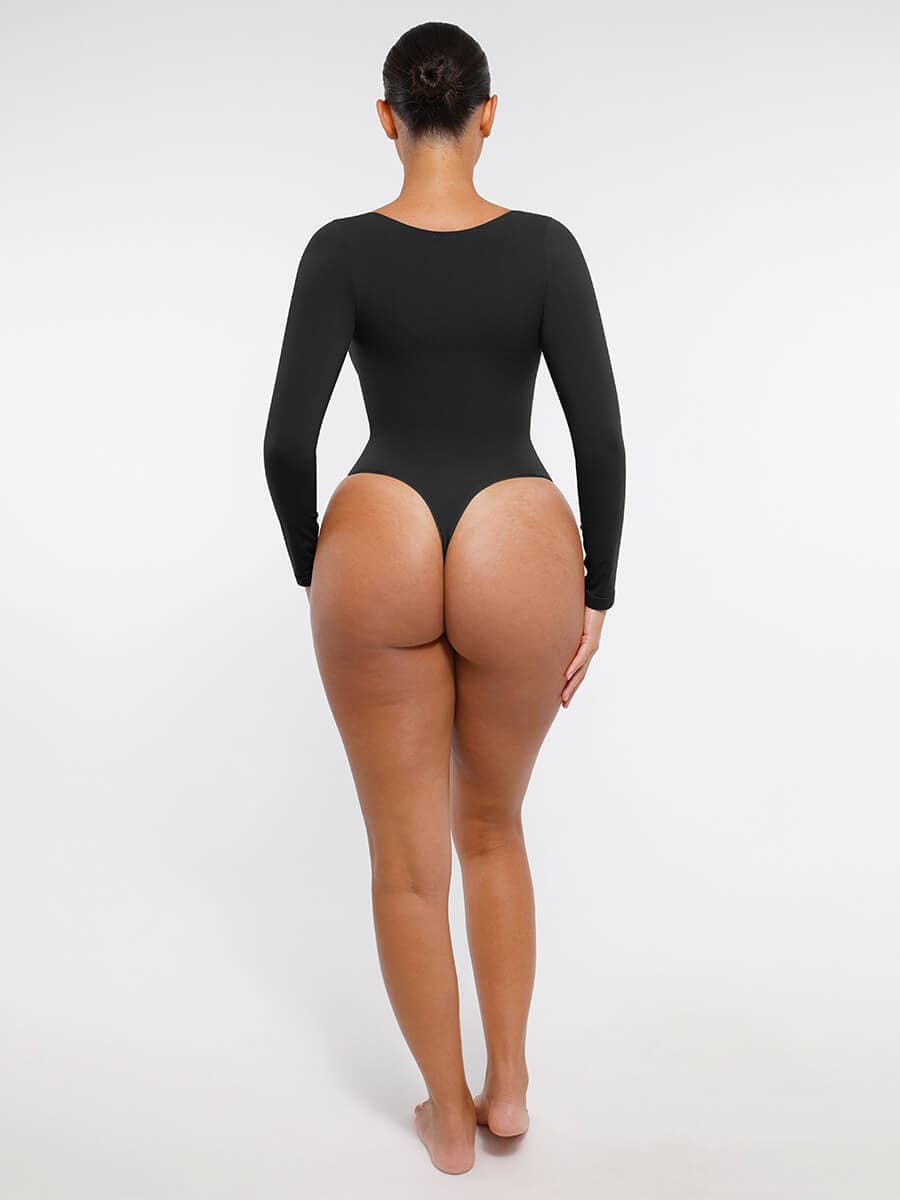 Body de tanga sin costuras de manga larga con soporte para el pecho y control medio