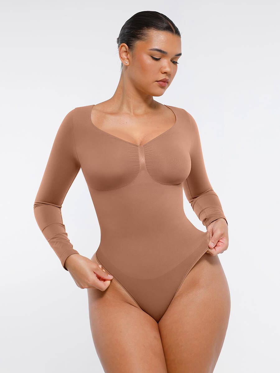 Body de tanga sin costuras de manga larga con soporte para el pecho y control medio