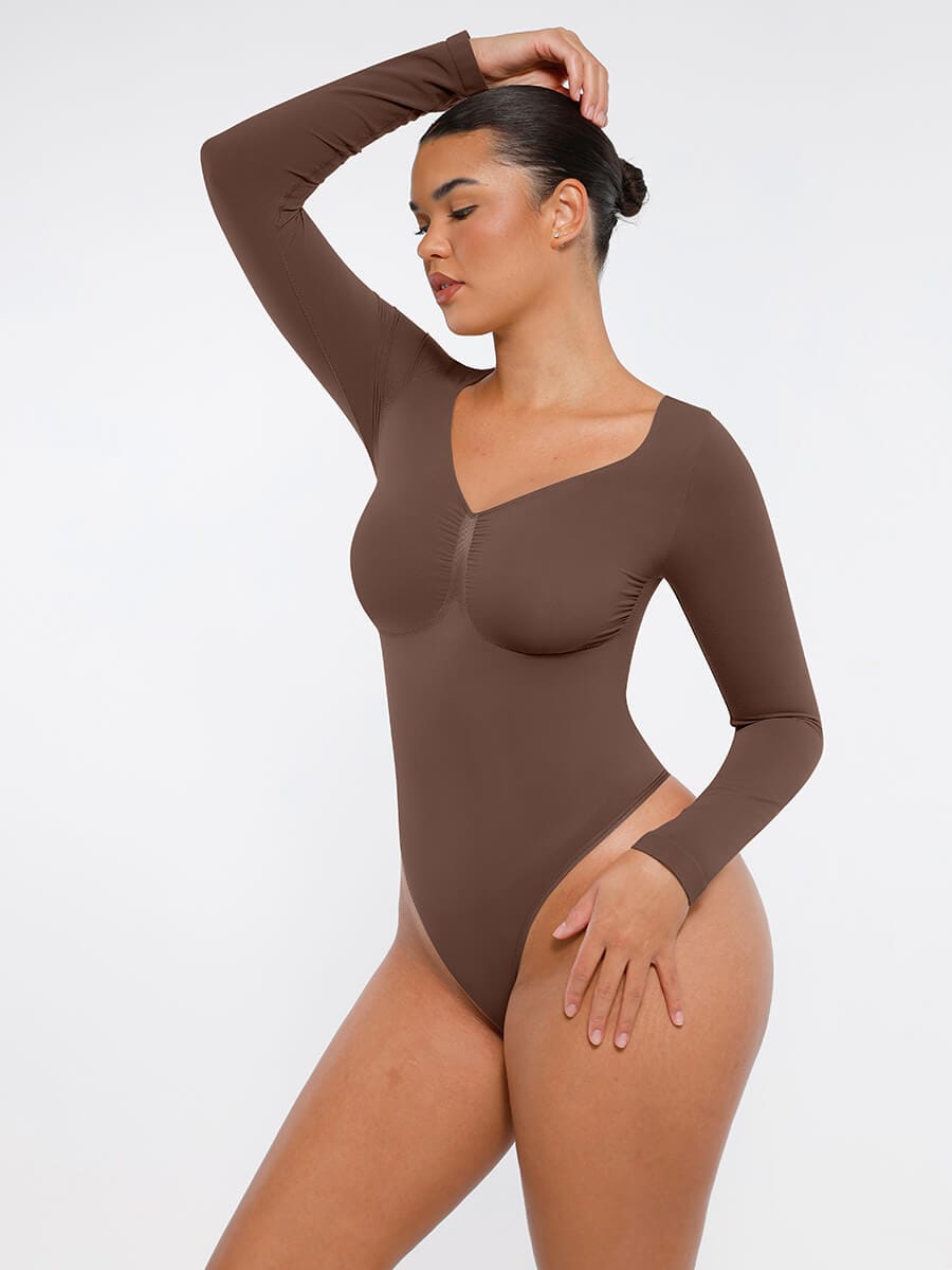 Body de tanga sin costuras de manga larga con soporte para el pecho y control medio