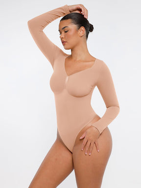 Body de tanga sin costuras de manga larga con soporte para el pecho y control medio