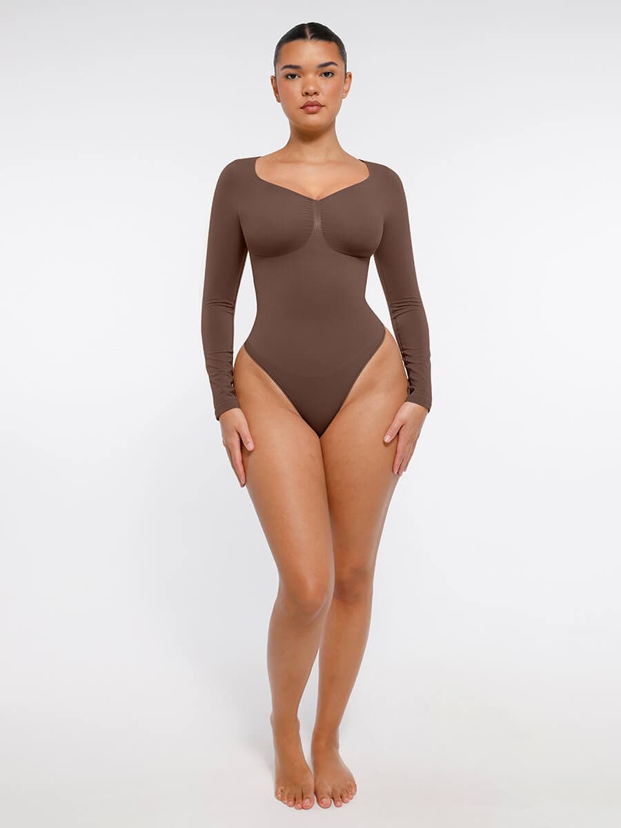 Body de tanga sin costuras de manga larga con soporte para el pecho y control medio