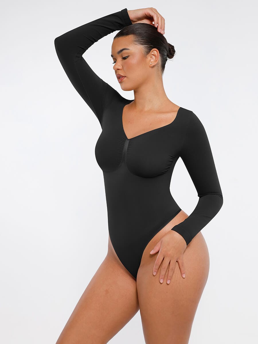Body de tanga sin costuras de manga larga con soporte para el pecho y control medio