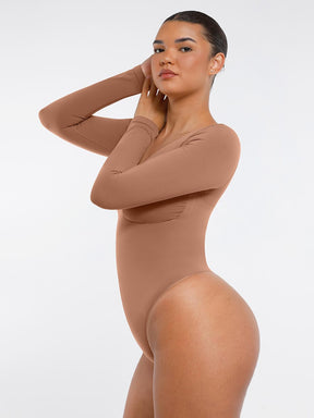 Body de tanga sin costuras de manga larga con soporte para el pecho y control medio