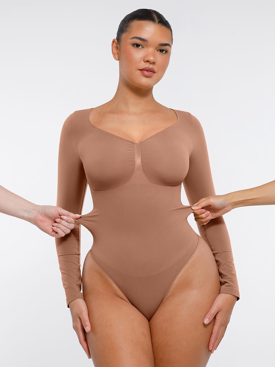 Body de tanga sin costuras de manga larga con soporte para el pecho y control medio
