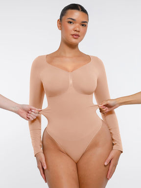 Body de tanga sin costuras de manga larga con soporte para el pecho y control medio