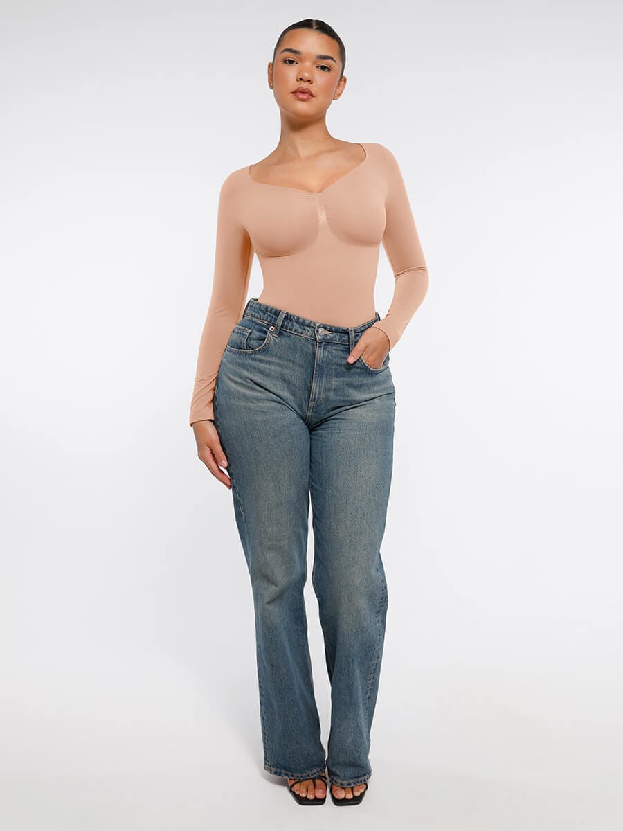 Body de tanga sin costuras de manga larga con soporte para el pecho y control medio