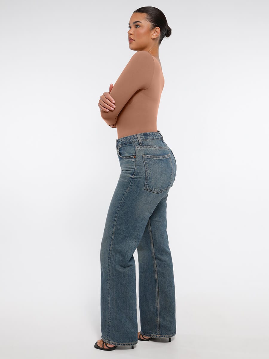 Body de tanga sin costuras de manga larga con soporte para el pecho y control medio