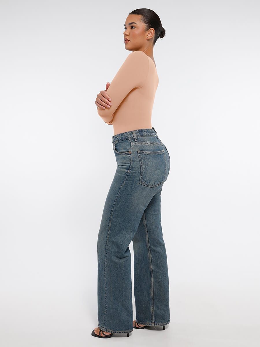 Body de tanga sin costuras de manga larga con soporte para el pecho y control medio