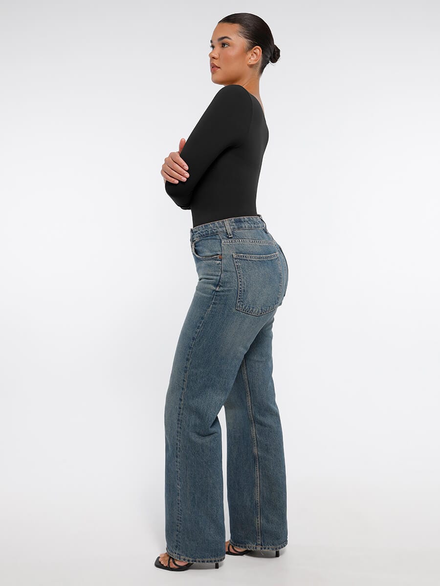 Body de tanga sin costuras de manga larga con soporte para el pecho y control medio