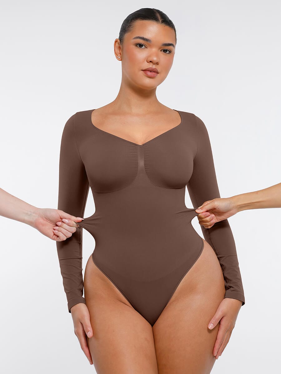 Body de tanga sin costuras de manga larga con soporte para el pecho y control medio