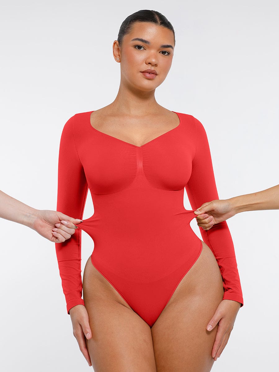 Body de tanga sin costuras de manga larga con soporte para el pecho y control medio