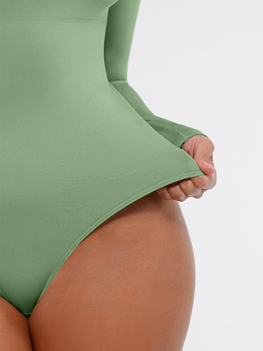 Body de tanga de manga larga con escote cuadrado y sin costuras, con cintura alisada de 360°