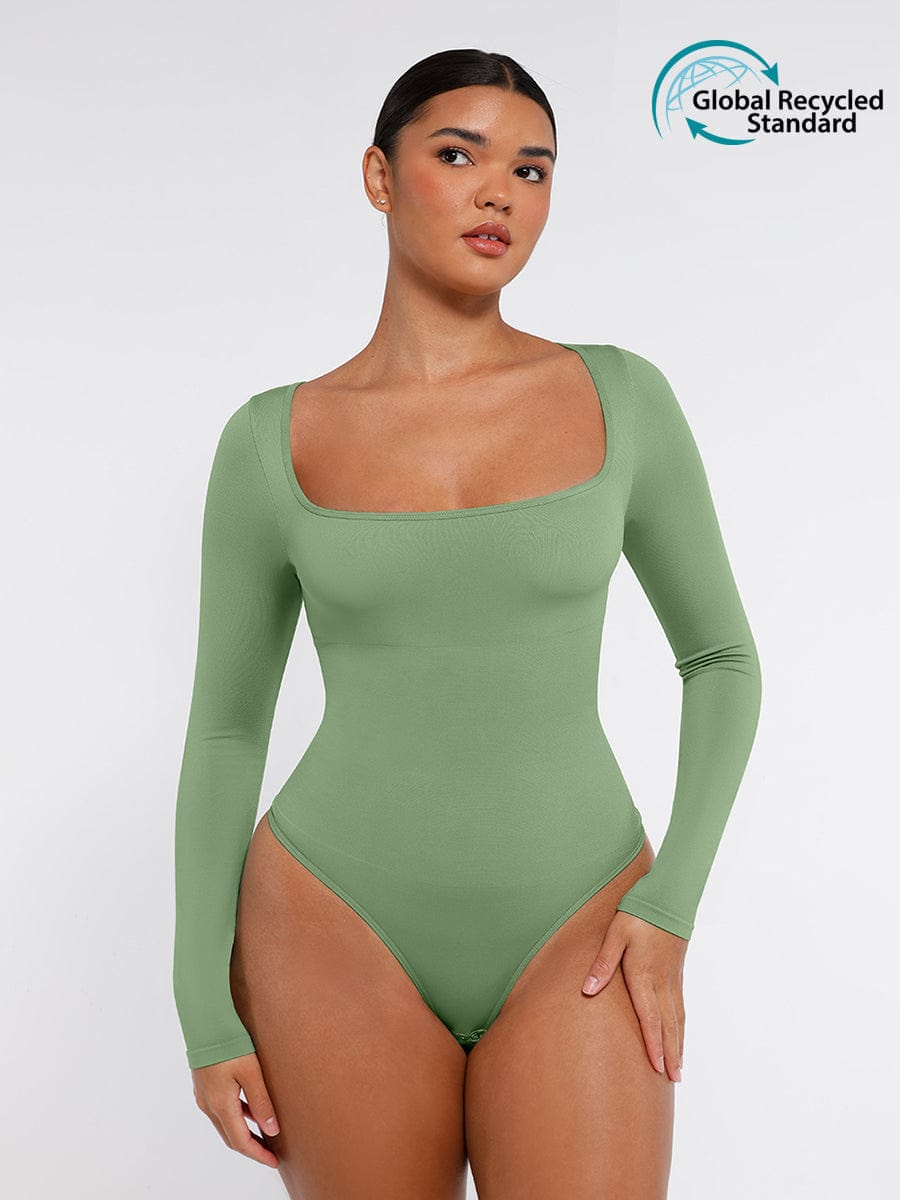 Body de tanga de manga larga con escote cuadrado y sin costuras, con cintura alisada de 360°