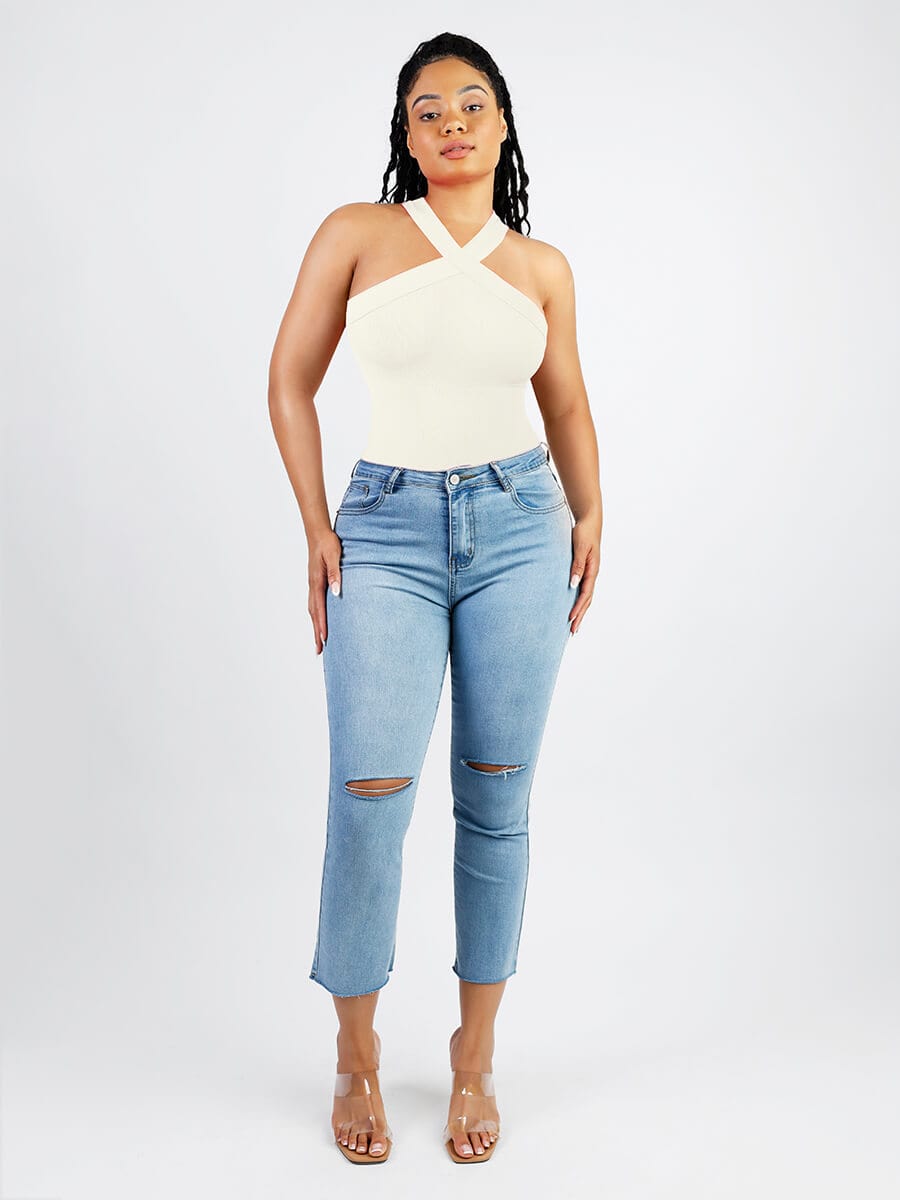 Body tipo tanga con cuello halter cruzado sin costuras Snatched