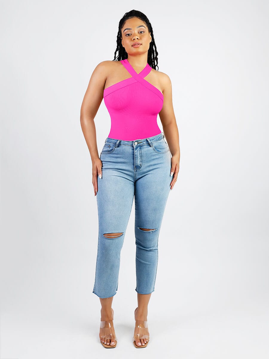 Body tipo tanga con cuello halter cruzado sin costuras Snatched