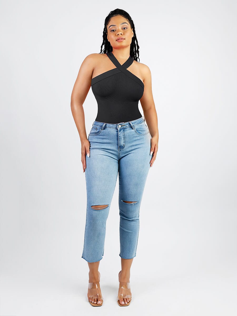 Body tipo tanga con cuello halter cruzado sin costuras Snatched