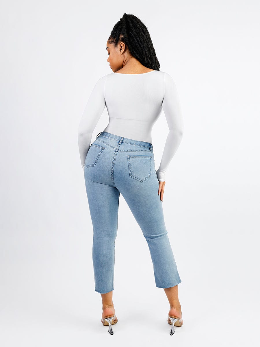 Body de tanga de manga larga con escote cuadrado y sin costuras, con cintura alisada de 360°