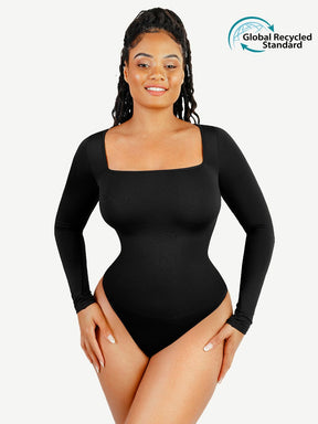 Body de tanga de manga larga con escote cuadrado y sin costuras, con cintura alisada de 360°
