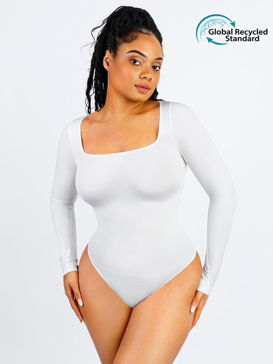 Body de tanga de manga larga con escote cuadrado y sin costuras, con cintura alisada de 360°