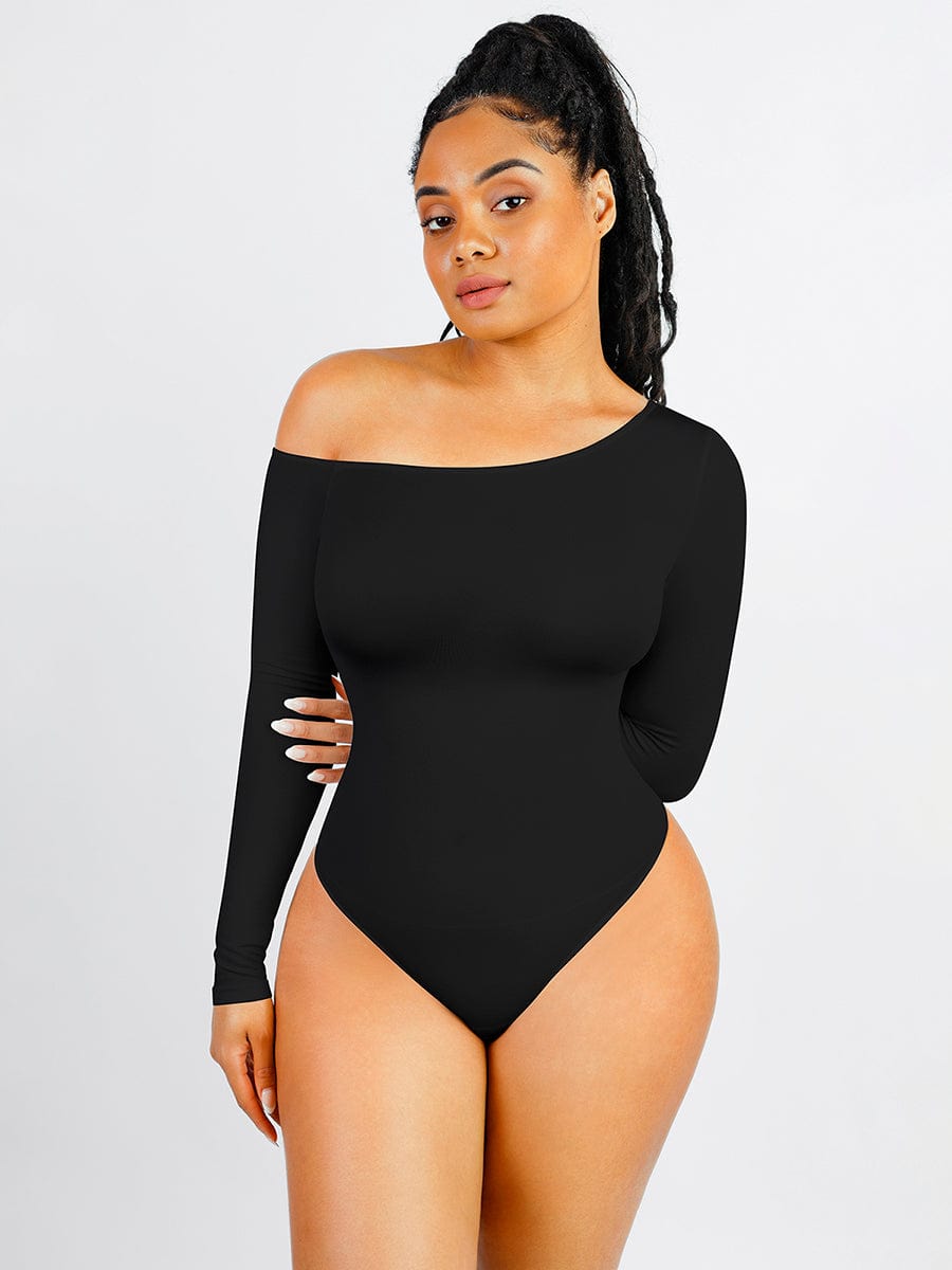 Body de tanga sin costuras de manga larga con cuello diagonal y abertura