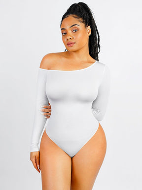Body de tanga sin costuras de manga larga con cuello diagonal y abertura