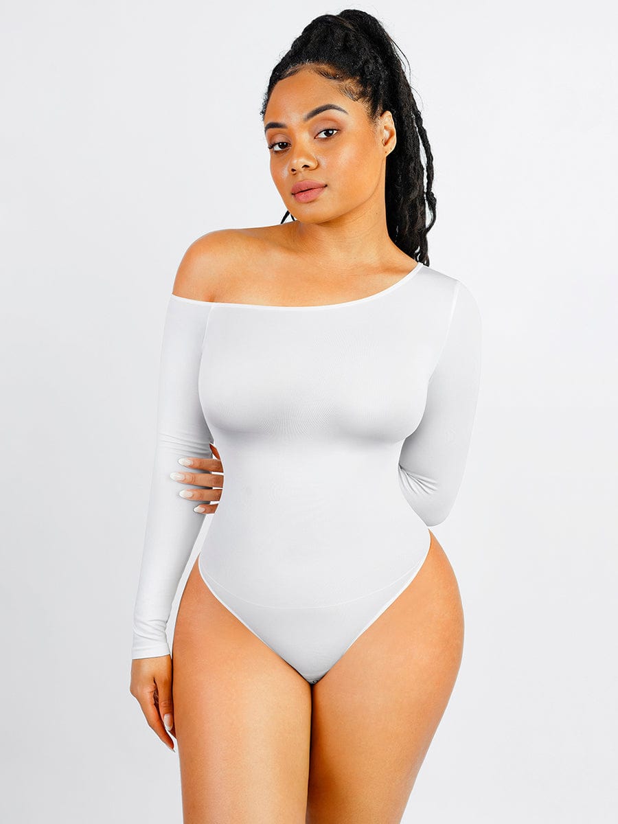 Body de tanga sin costuras de manga larga con cuello diagonal y abertura