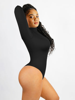 Body de tanga sin costuras de manga larga con cuello alto y aberturas laterales 
