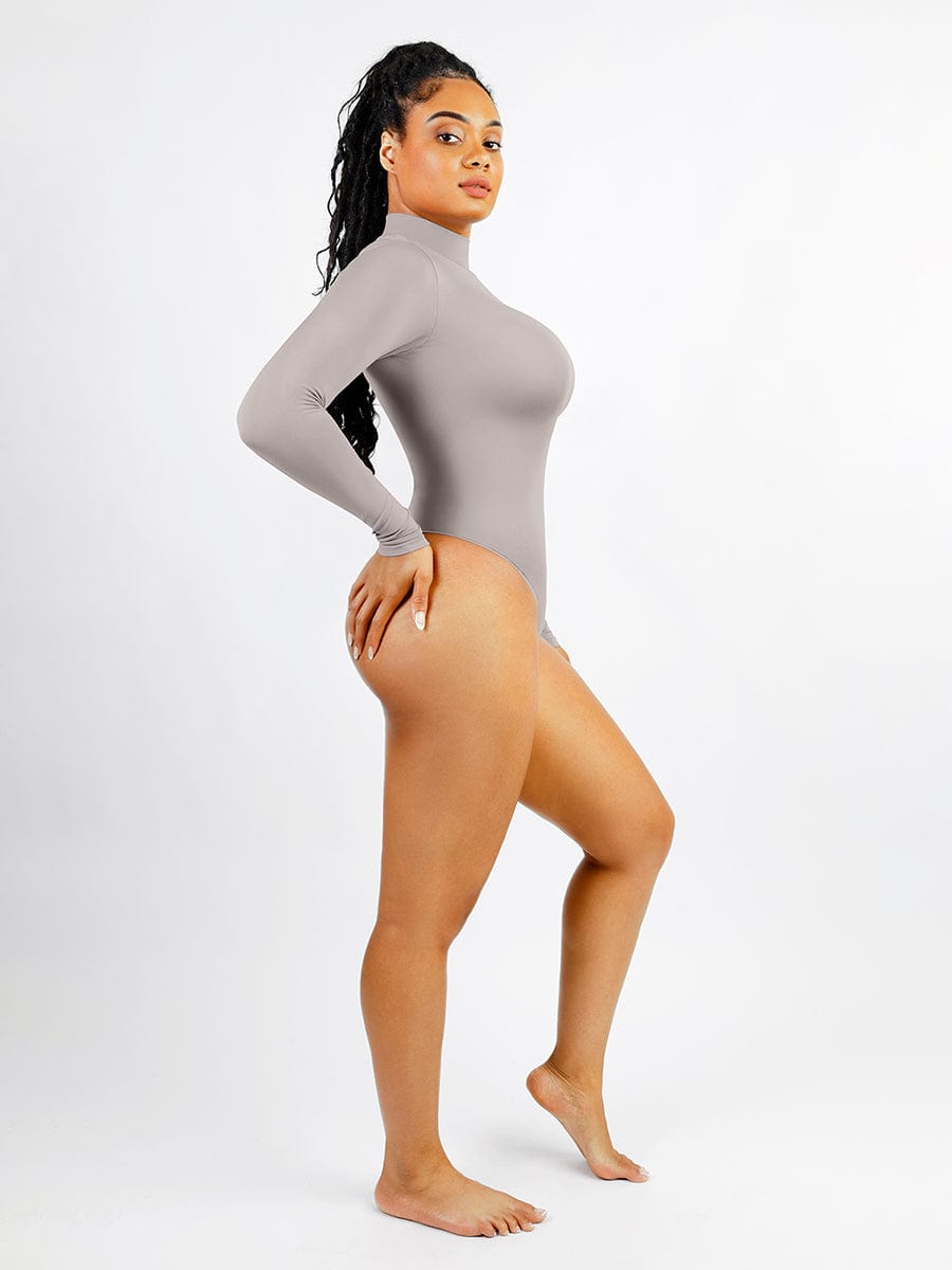Body de tanga sin costuras de manga larga con cuello alto y aberturas laterales 