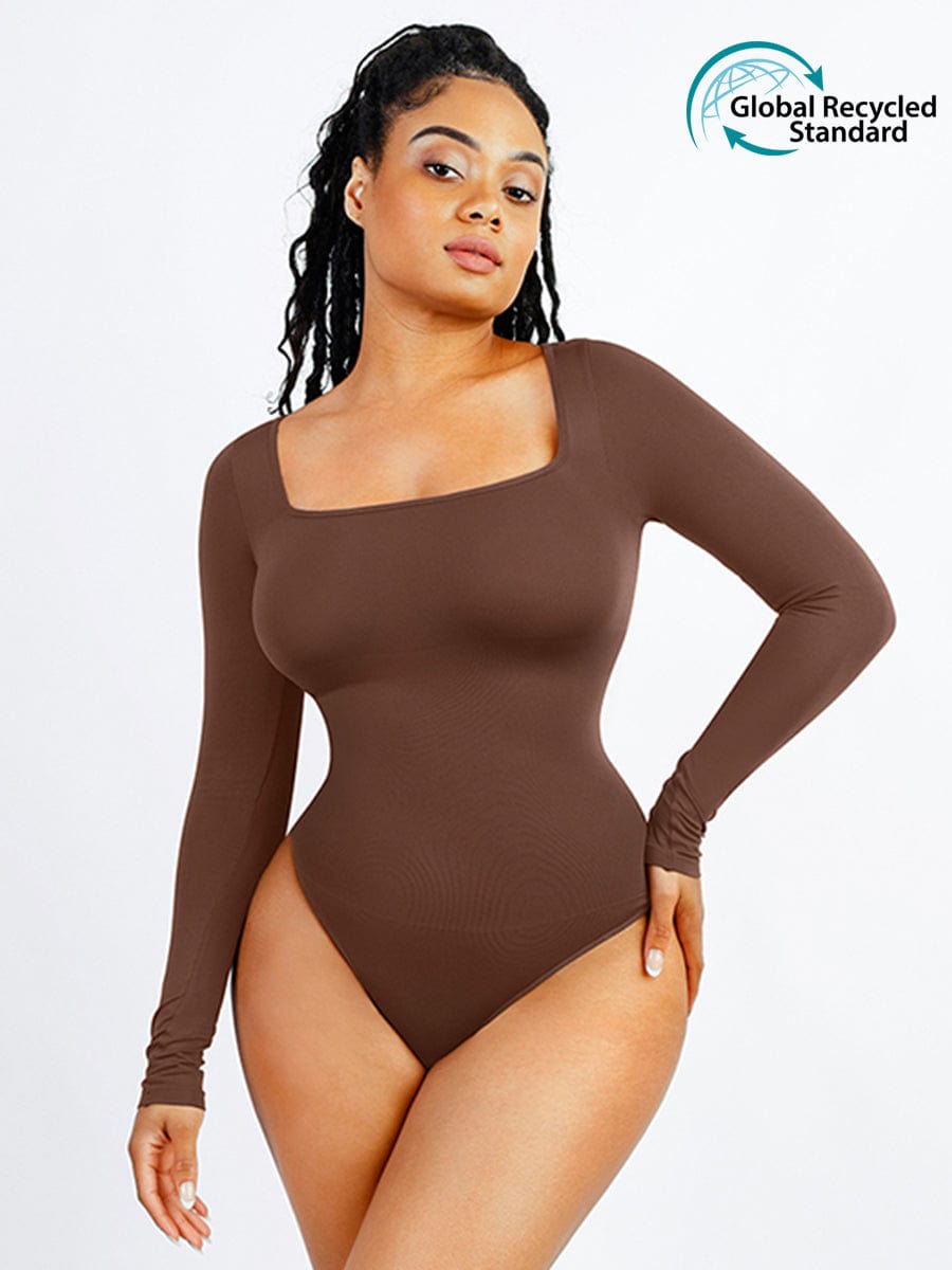 Body de tanga de manga larga con escote cuadrado y sin costuras, con cintura alisada de 360°