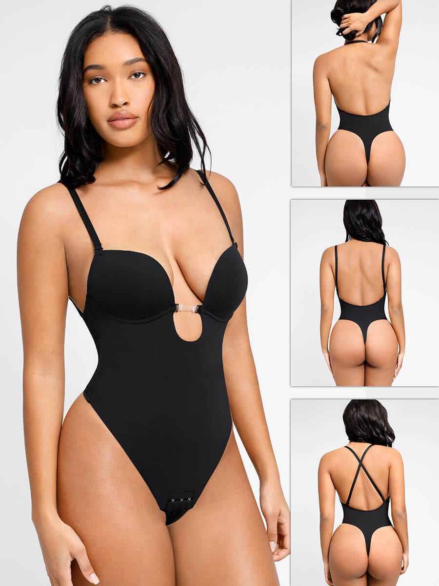 Body de boda con tanga y escote bajo con abertura frontal