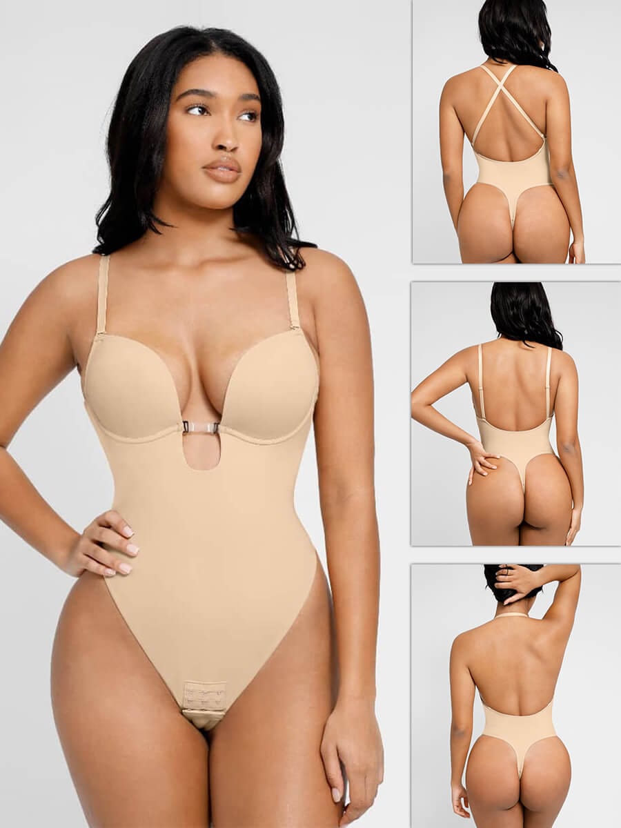 Body de boda con tanga y escote bajo con abertura frontal