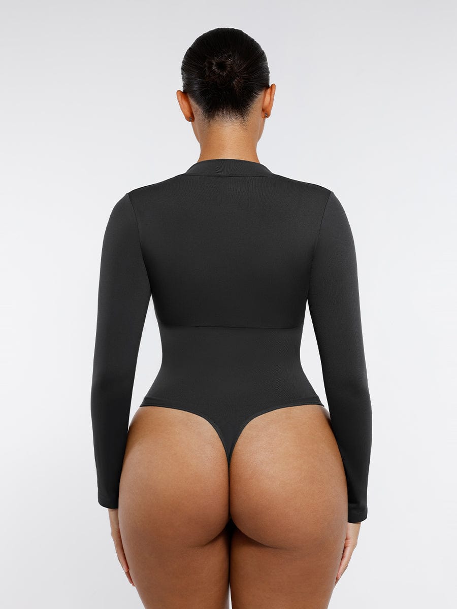 Body de tanga sin costuras con cremallera frontal y mangas largas