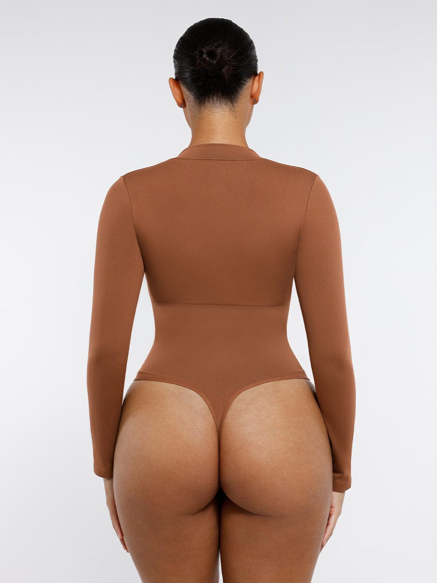 Body de tanga sin costuras con cremallera frontal y mangas largas
