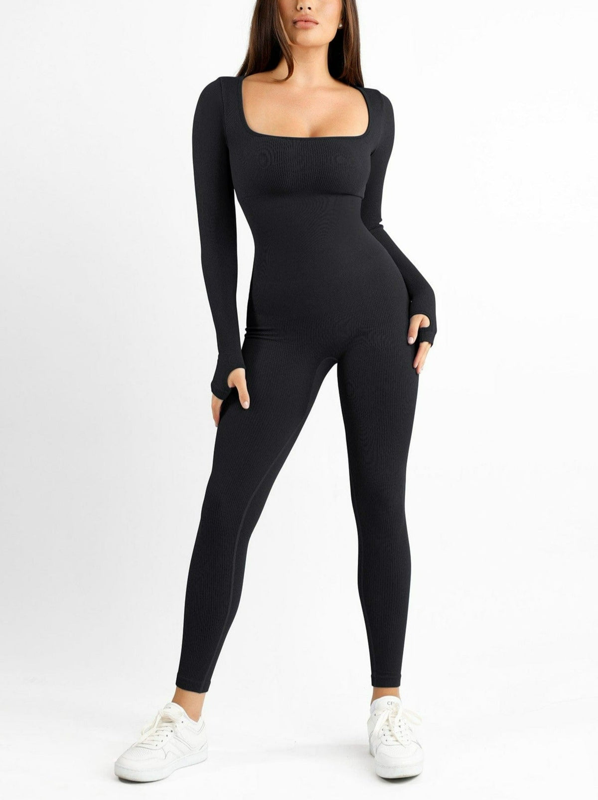 Snatched Seamless Long Sleeve Jumpsuit Square Neck Thumb Holes