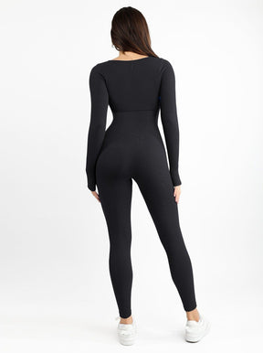 Snatched Seamless Long Sleeve Jumpsuit Square Neck Thumb Holes
