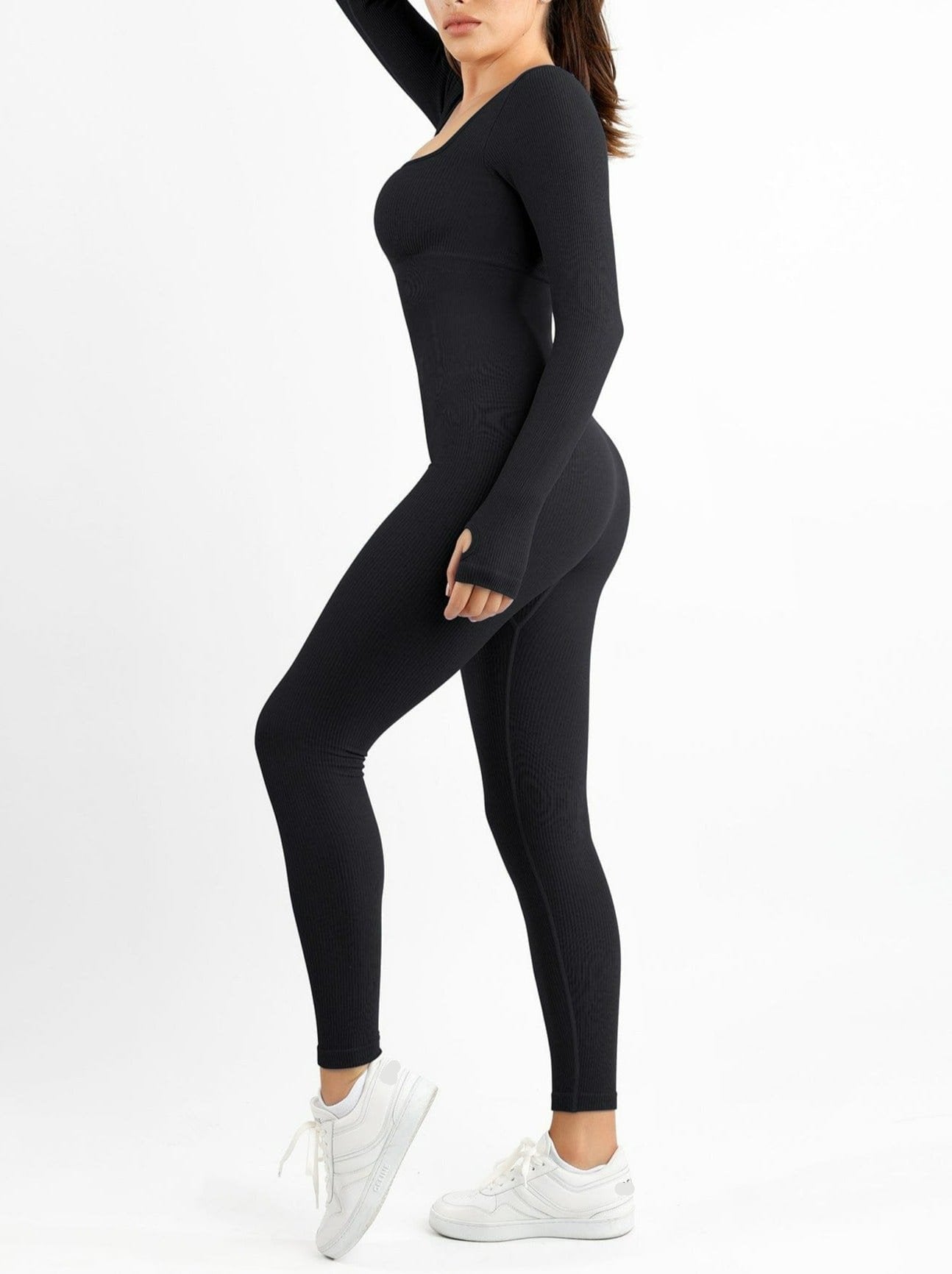 Snatched Seamless Long Sleeve Jumpsuit Square Neck Thumb Holes