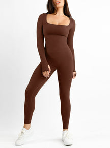 Snatched Seamless Long Sleeve Jumpsuit Square Neck Thumb Holes